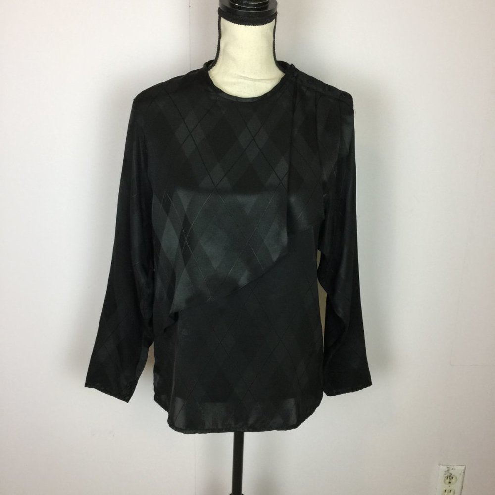 Vintage Alexandria Blouse Shirt Sz 8 Woman Black Satin Plaid Pleated Button Neck